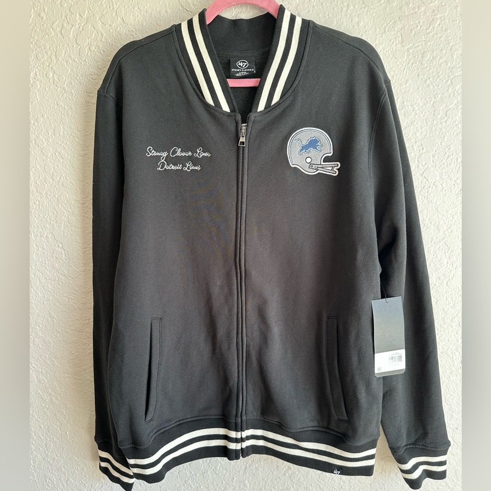 NWT Detroit Lions ‘47 BRAND x STONEY CLOVER LANE Black Varsity Jacket Women’s Lg